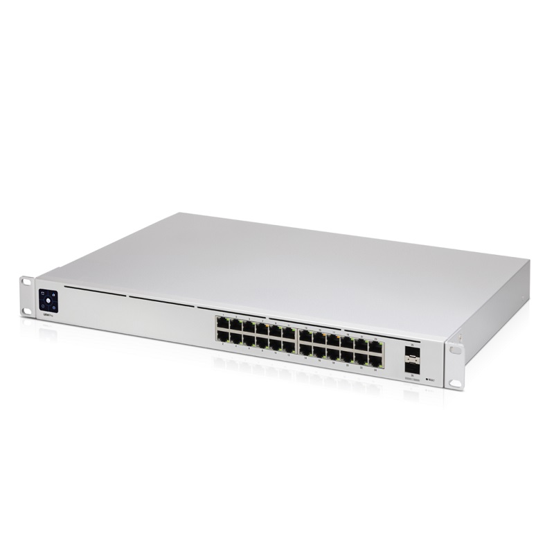 Switch cu 24 porturi Gigabit si 2 porturi 10Gbps SFP+ din gama UniFi cu management, carcasa de metal cu montare in rack, fanless silentios.